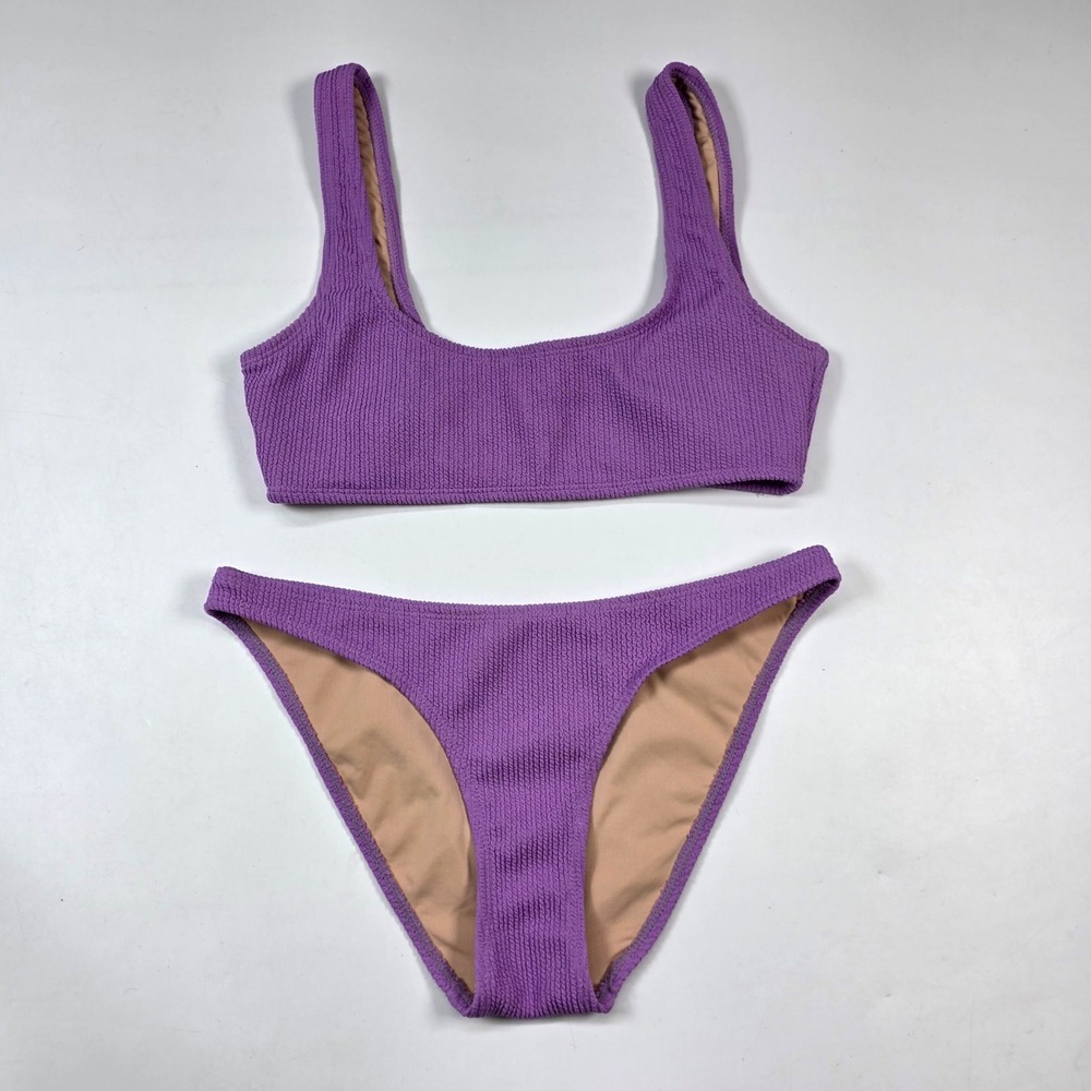 Purple Crinkle Bikini Set Textured Scoop Neck Swim Summer Beach Boho Festival